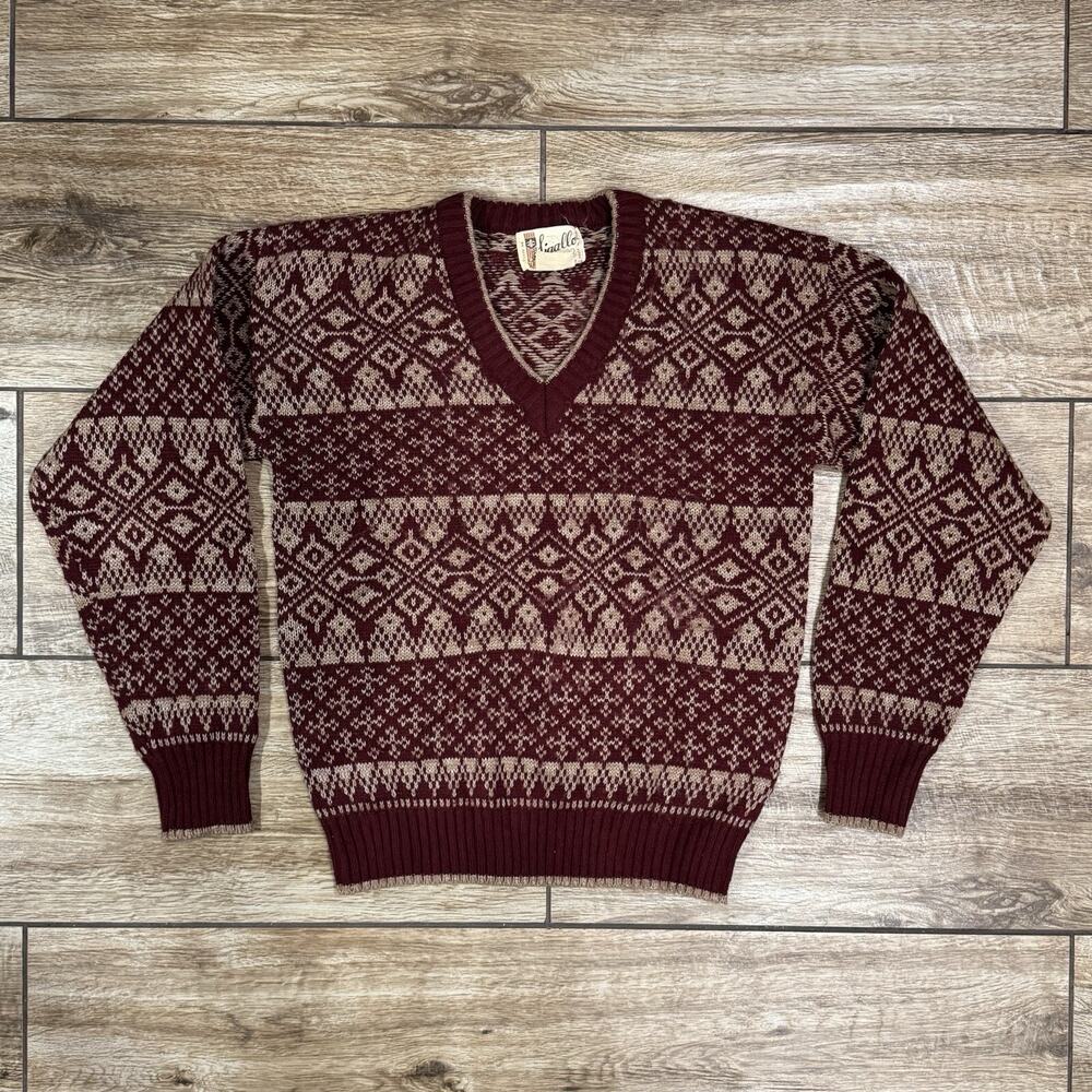 Vtg 1970's Knit V-neck Sweater Men's Grandpa Ski Preppy M - Picture 3 of 9